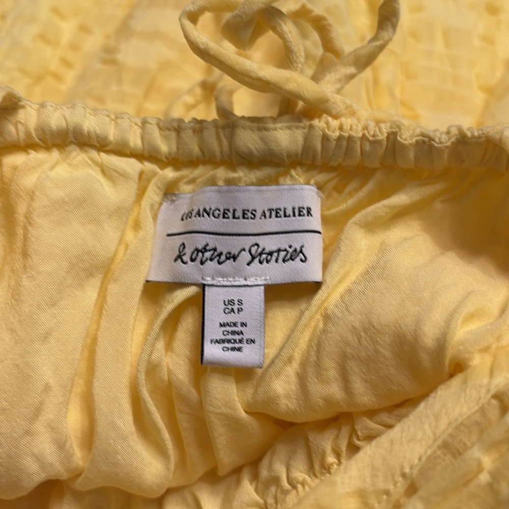 & Other Stories Puff Sleeve Ruffle Mini Dress tie back bright yellow Size Small - Picture 7 of 7